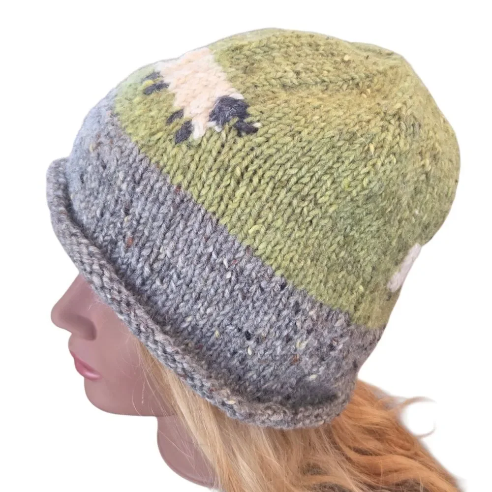 Hand-Knit Wool Beanie Ireland Artisan Sheep Motif Winter Hat NWOT Green Gray